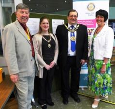 Photo, Right  to Left:
 
Rotarian Anne Rogerson High Peak Mayor and Mayoress Cllr Stewart Young and daughter Charlotte Rotary Club of Buxton Vice President Professor Simon Rogerson.